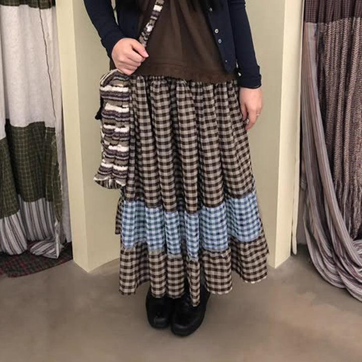Damen nan mehrlagiger Baumwoll-Stufenrock mit elastischem Taillenbund, kontrastierendem Gingham-Band und Volant Drune