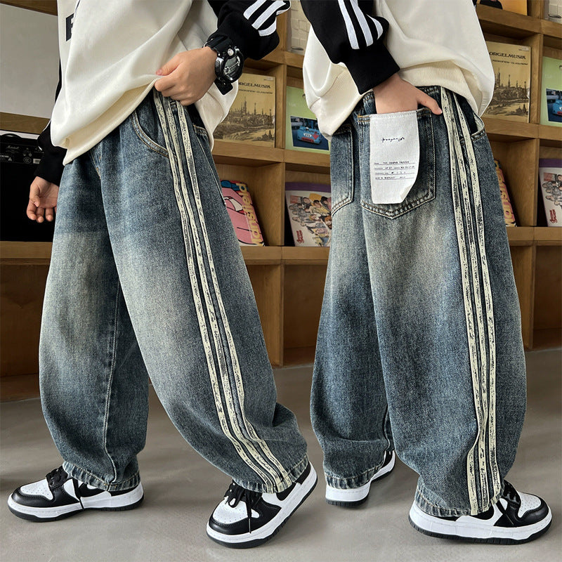 Unisex lässige Baggy-Jeans mit seitlichen Streifen Drune