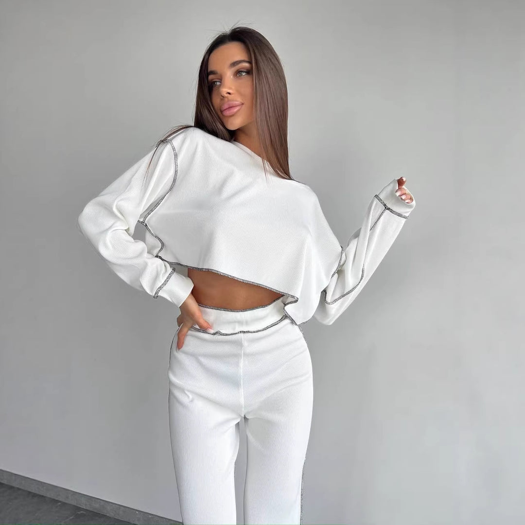 Damen Cropped Oversized-Sweatshirt mit Overlocknähten und High-Waist ausgestellter Hose Set Drune