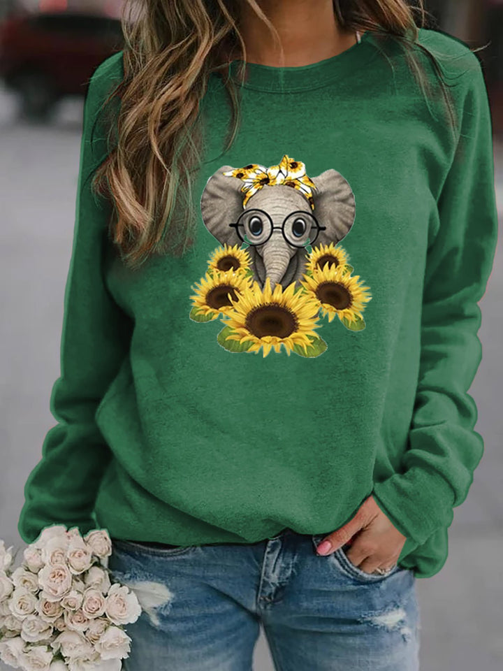 Damen-Sweatshirt mit Elefantenprint, Sonnenblumenmotiv und weichem Fleece Drune