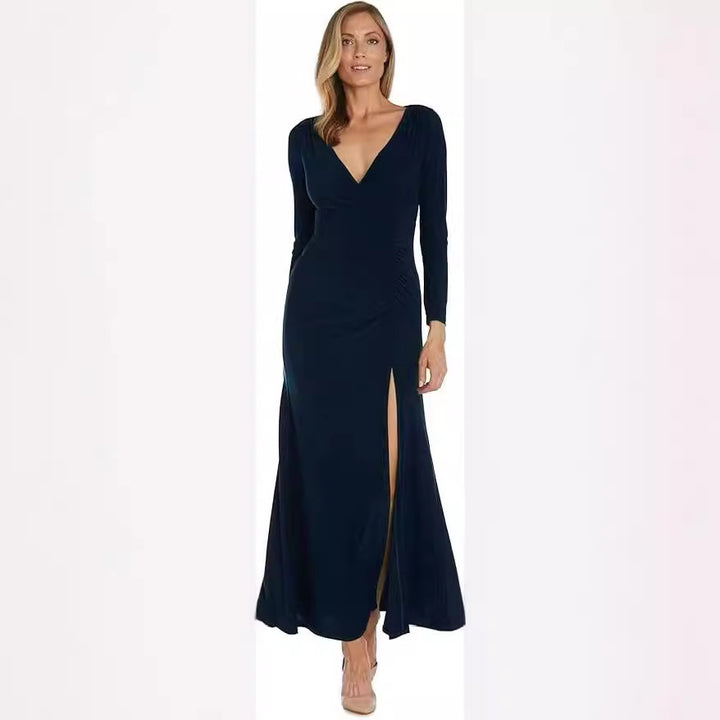 Damen elegantes Maxikleid mit tiefem V-Ausschnitt und seitlichem Schlitz Drune