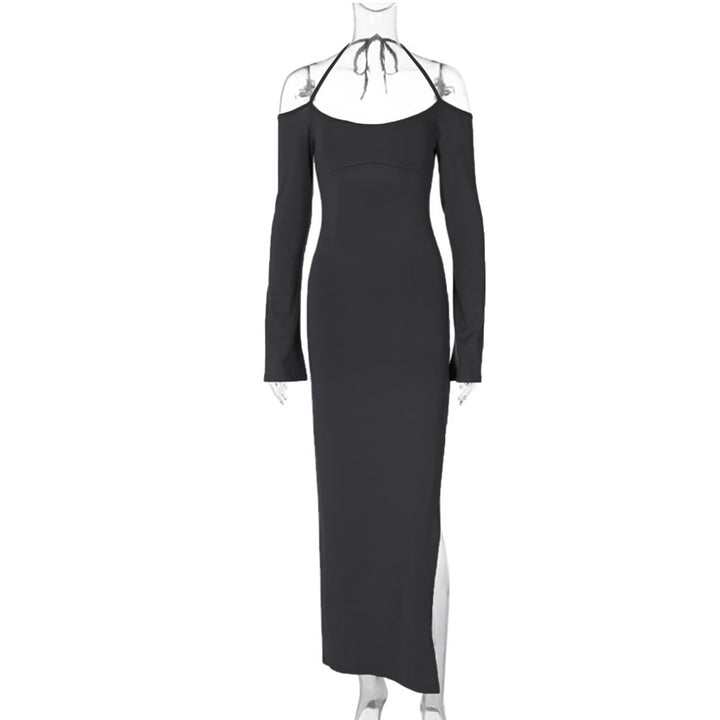 Damen langes Abendkleid mit Neckholder und schulterfreiem Bell-Ärmel, figurbetonter Taillenraffung und hohem seitlichem Beinschlitz Drune