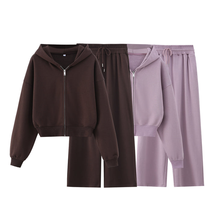 Damen Zweiteiliges Lounge-Set mit kurzem Reißverschluss-Hoodie und weitem High‑Waist-Jogginghose Drune