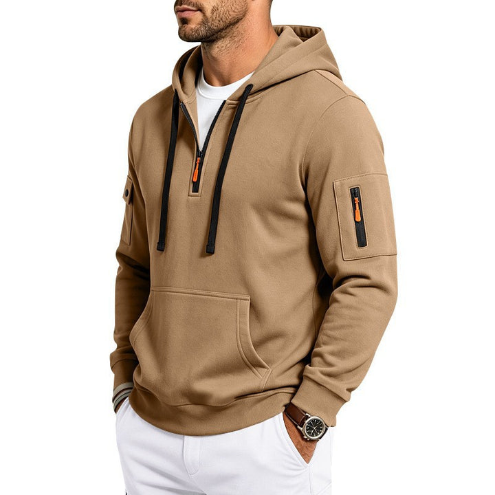 Herren Kapuzenpullover mit Halbzip, Utility-Ärmeltaschen und Kängurutasche Drune