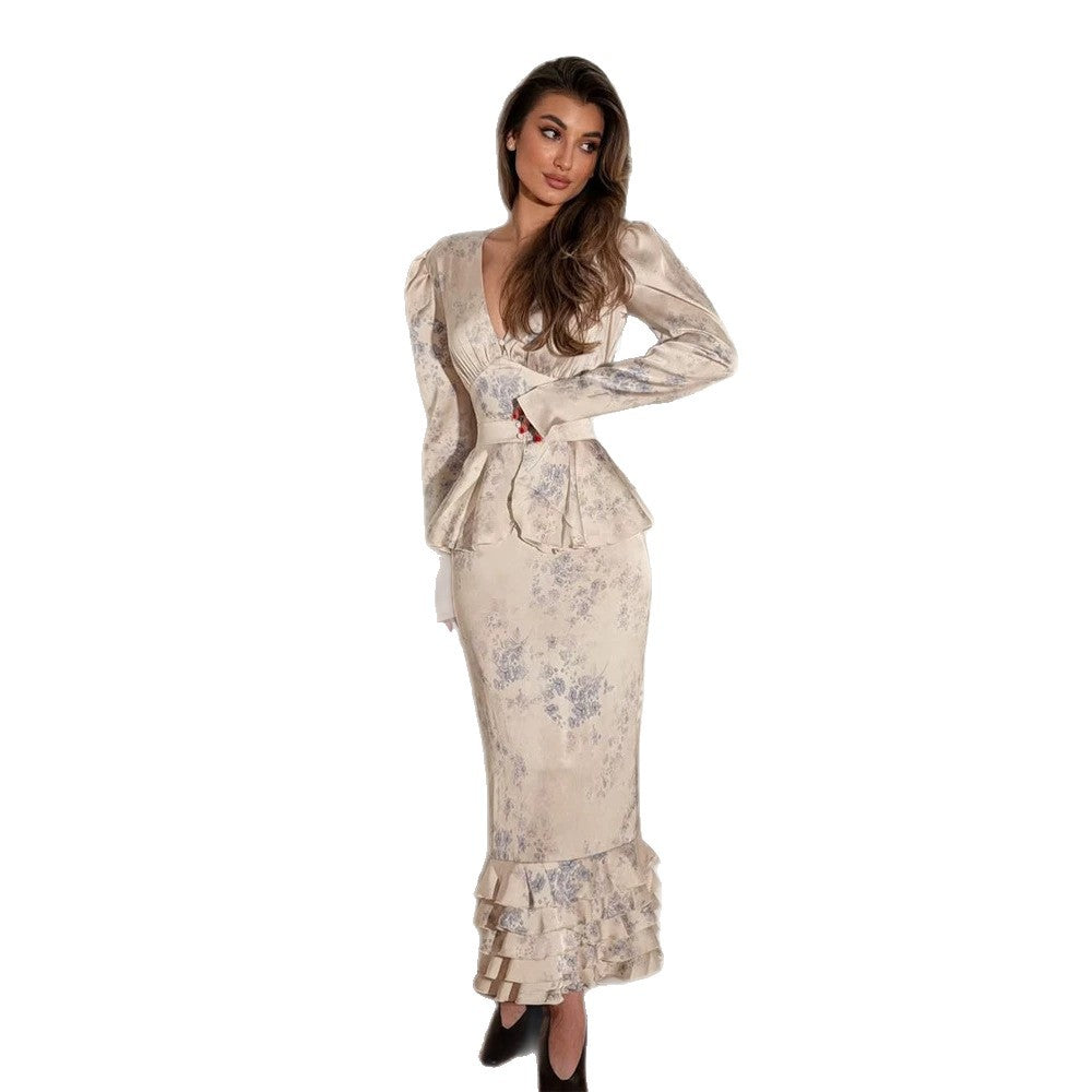 Damen Figurbetontes Midikleid mit tiefem V-Ausschnitt, Schößchen-Taillenband und mehrlagigem Volantsaum Drune