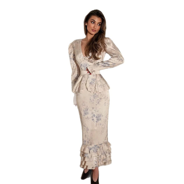 Damen Figurbetontes Midikleid mit tiefem V-Ausschnitt, Schößchen-Taillenband und mehrlagigem Volantsaum Drune