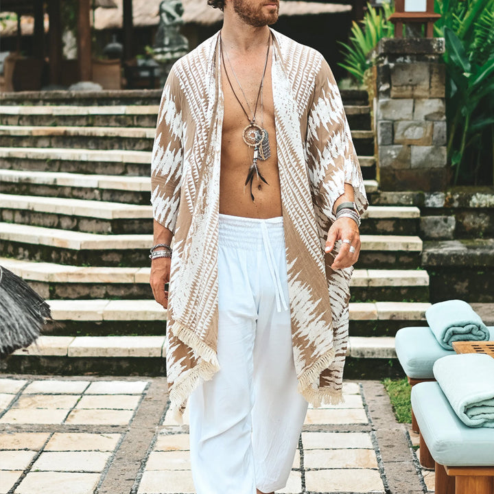 Herren Leichter Ethno-Strandkaftan mit V-Ausschnitt und Fransen Drune