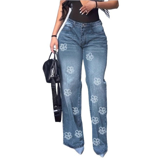 Damen High-Waist Wide‑Leg Denim-Jeanshose mit floraler Allover-Stickerei Drune