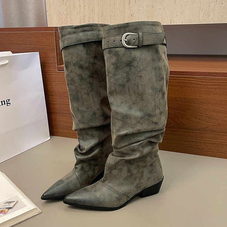 Damen kniehohe Slouch-Stiefel im Vintage-Wildleder-Look mit spitzer Zehenform und dezenter Schnallenmanschette Drune