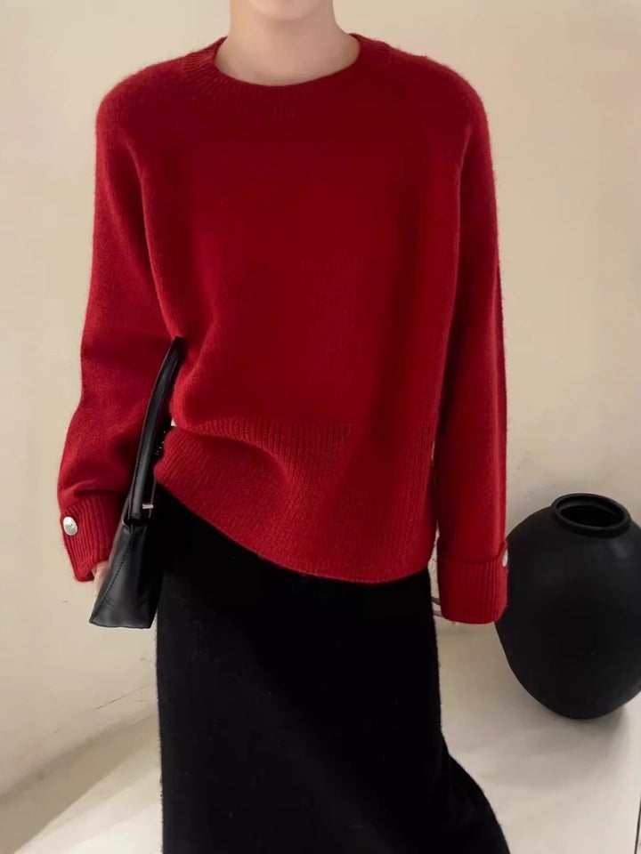 Damen Oversize-Rundhalspullover mit verlängerten Manschetten und Zierknopf Drune