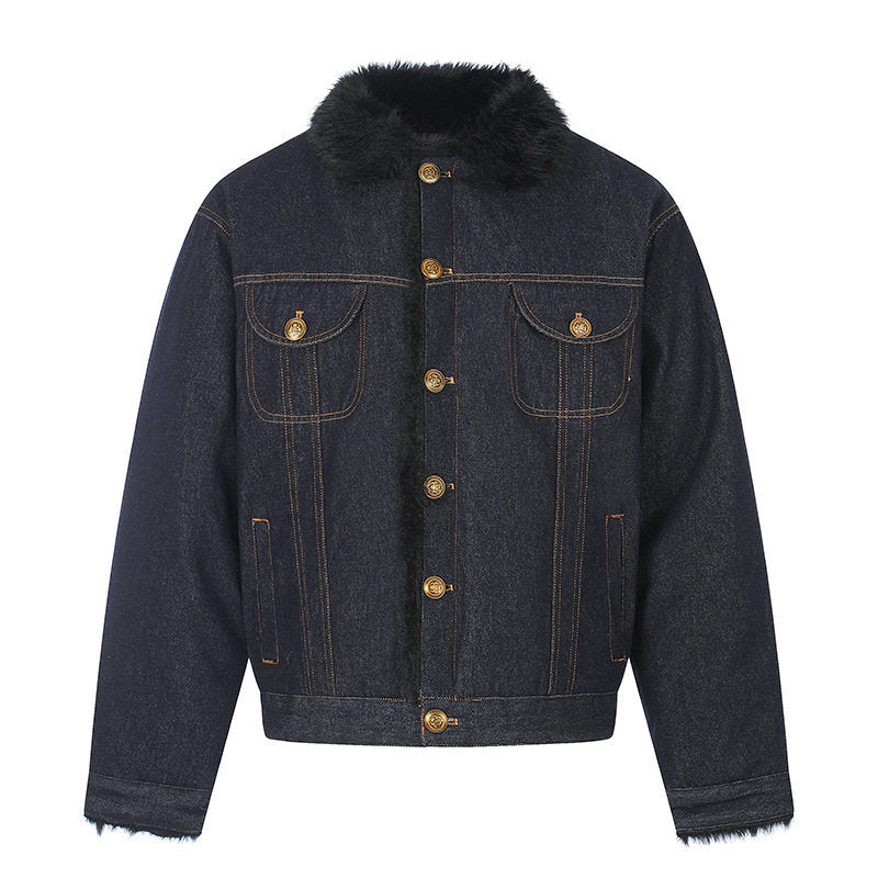 Damen gefütterte Jeansjacke mit Kunstfellkragen, Teddy‑Innenfutter und Goldknopf-Details Drune