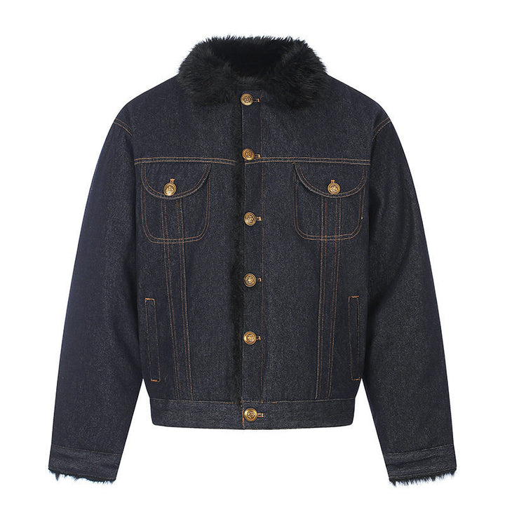 Damen gefütterte Jeansjacke mit Kunstfellkragen, Teddy‑Innenfutter und Goldknopf-Details Drune