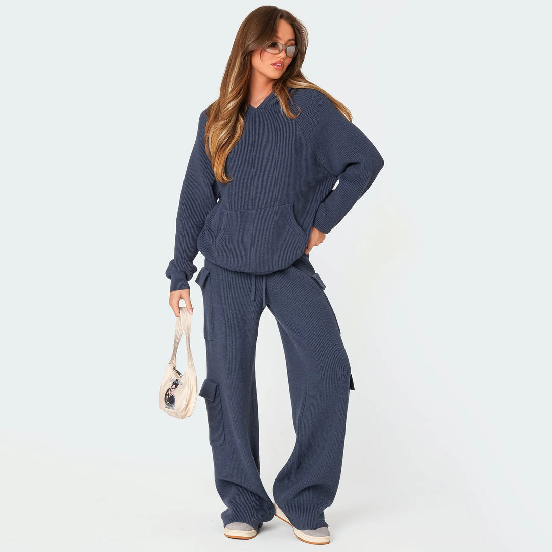 Damen nan gerippter Kapuzenpullover aus Feinstrick mit Kängurutasche und relaxed Fit Drune