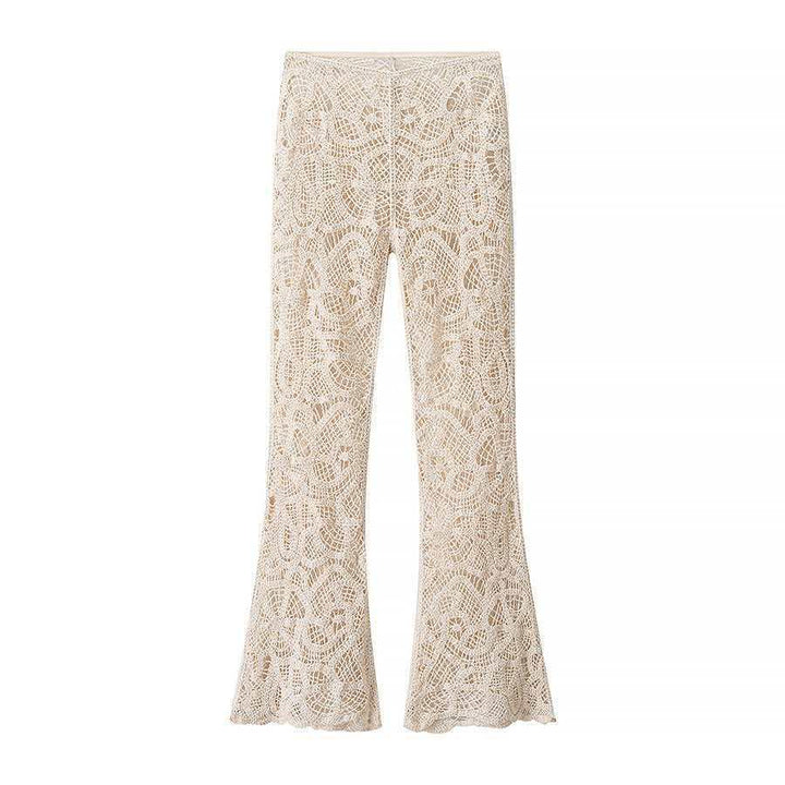 Damen nan gehäkelte Schlaghose mit floralem Crochetmuster, elastischem Bund und teilgefüttertem Innenbein Drune