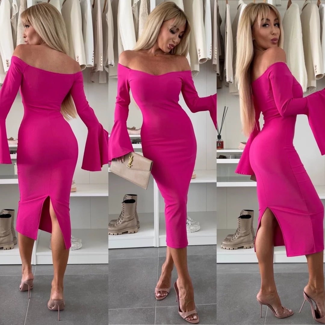 Damen Figurbetontes Wickelkleid mit schulterfreiem Design und weit geschnittenen Ärmeln Drune