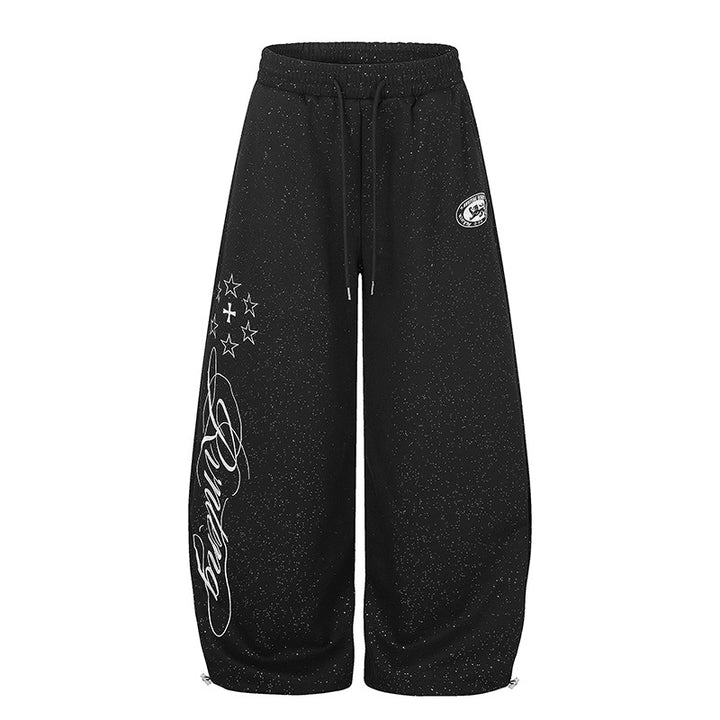 Damen Extraweite Palazzo‑Sweathose im Glitzer‑Nep mit Elastikbund, Kordelzug und Stern‑Script‑Print Drune