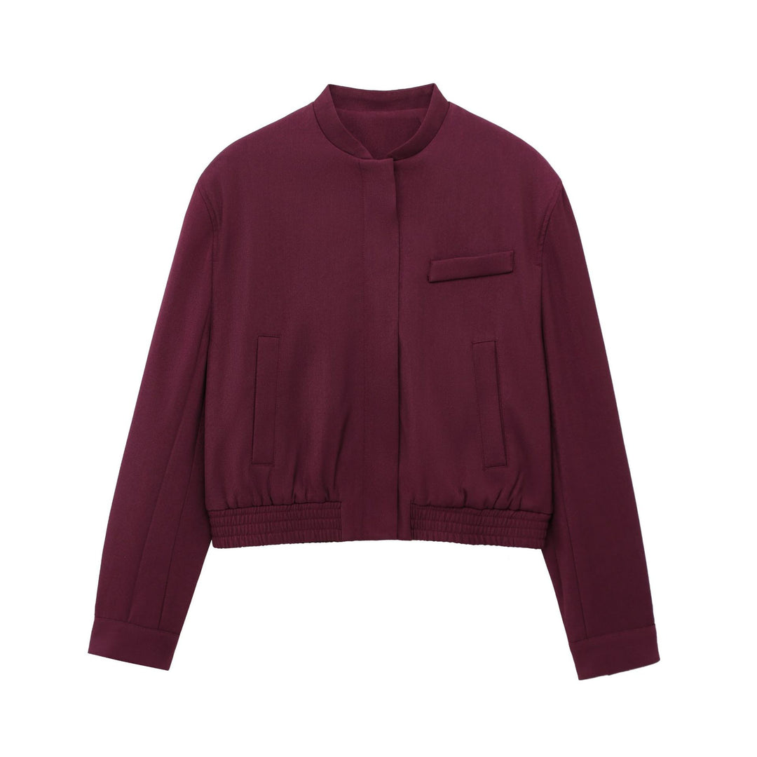 Damen nan kurze Stehkragen-Blousonjacke mit verdeckter Frontleiste, taillierter Rippbund-Details und dekorativen Paspeltaschen Drune