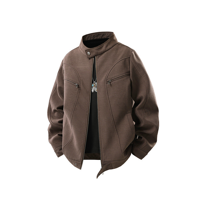 Herren Lässige Utility‑Jacke mit Stehkragen, Reißverschluss und Brusttaschen Drune