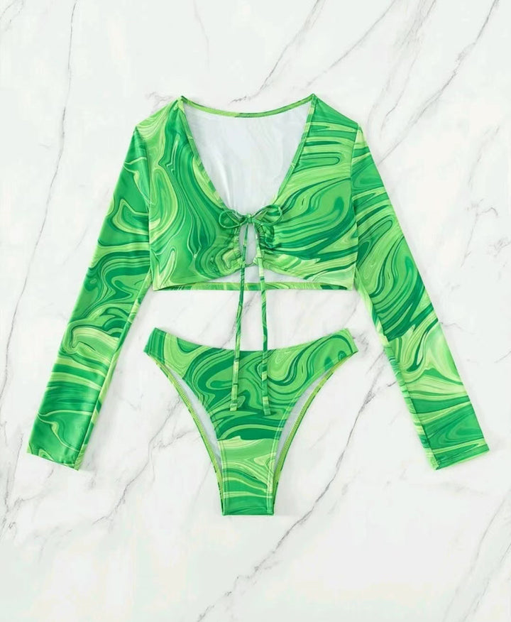 Damen Surf-Bikini-Set mit langärmligem Crop-Top und hochgeschnittenen Unterteilen Drune