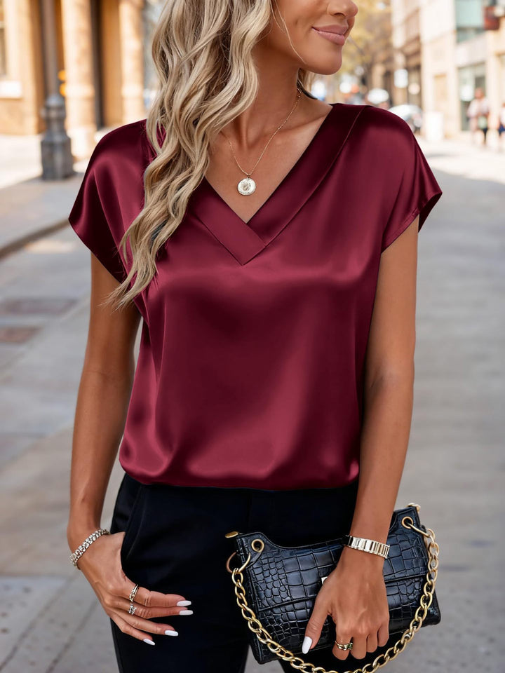 Damen Elegante Satinbluse mit V-Ausschnitt und legerem Schnitt Drune