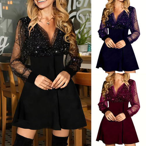 Damen Elegantes Kleid mit transparenten Ärmeln und funkelnden Details Drune