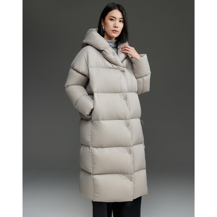 Damen Lange gesteppte Daunenparka mit Kapuze und Thermoisolierung Drune