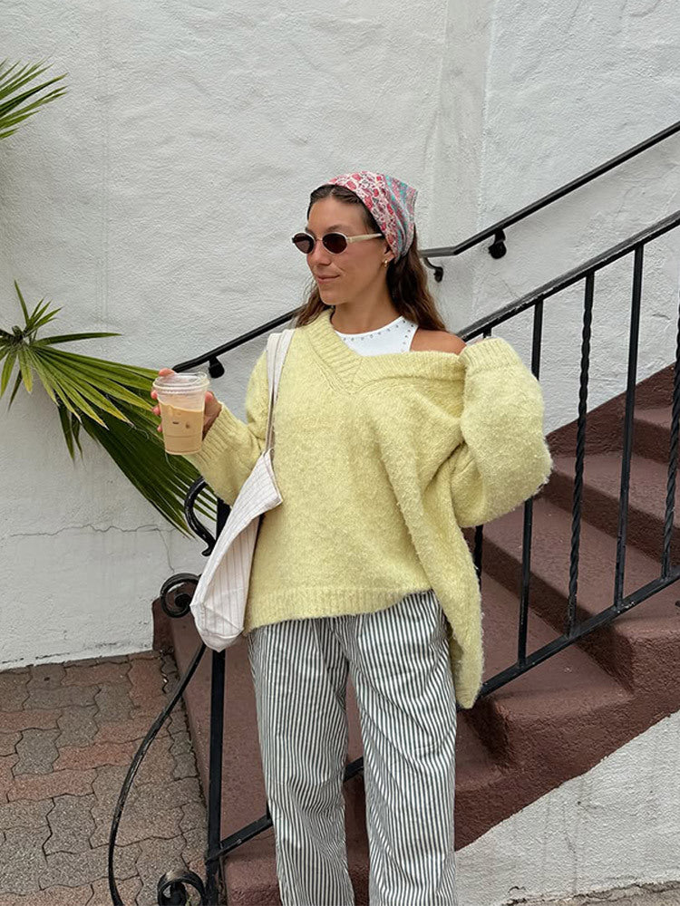 Damen Oversize-Flauschpullover mit tiefem V-Ausschnitt und voluminösen Ärmeln Drune