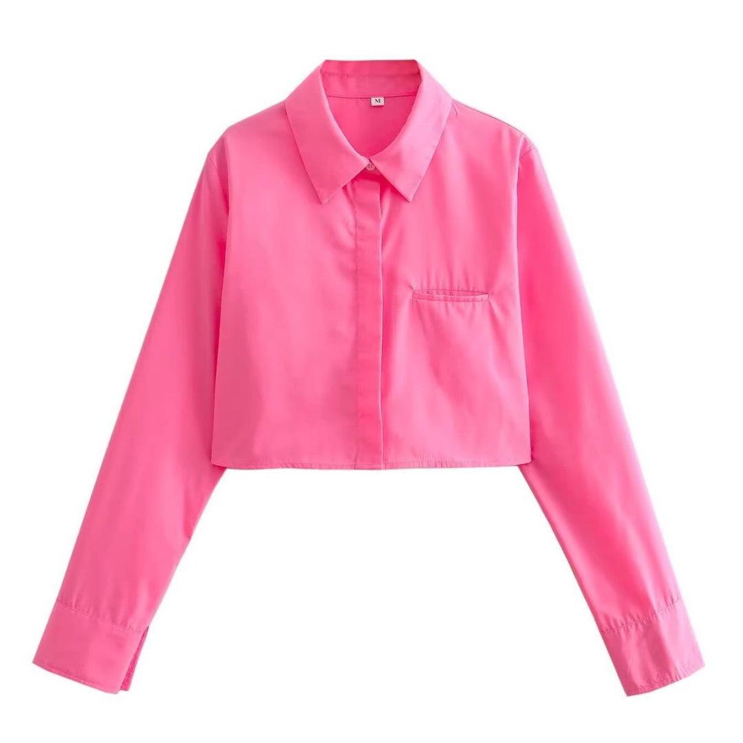 Damen cropped Bluse mit klassischem Kragen Drune