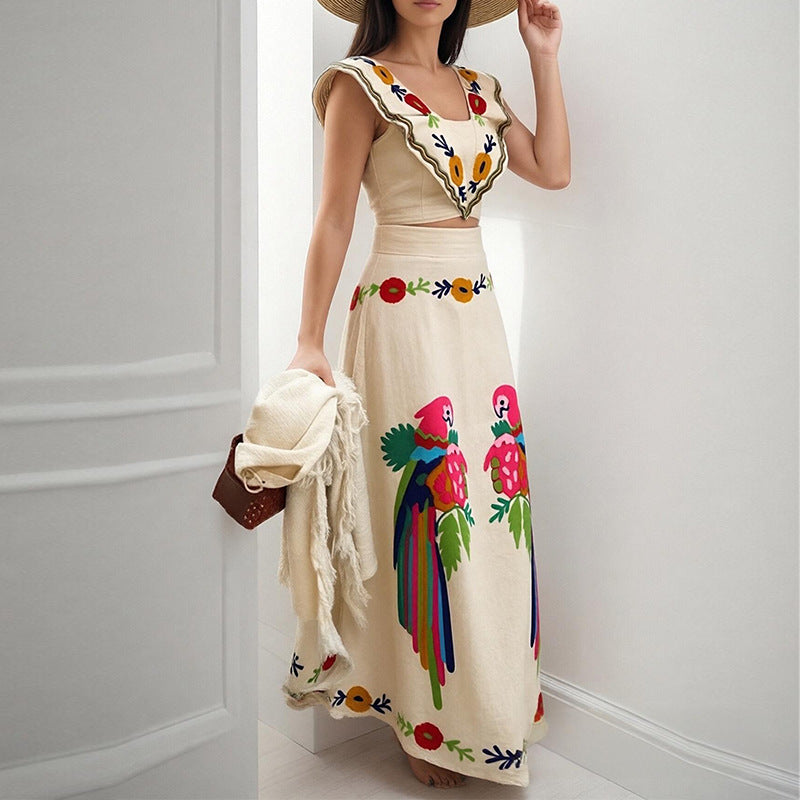 Damen Elegantes Maxikleid mit kunstvollem Stickmuster und Volantärmeln Drune