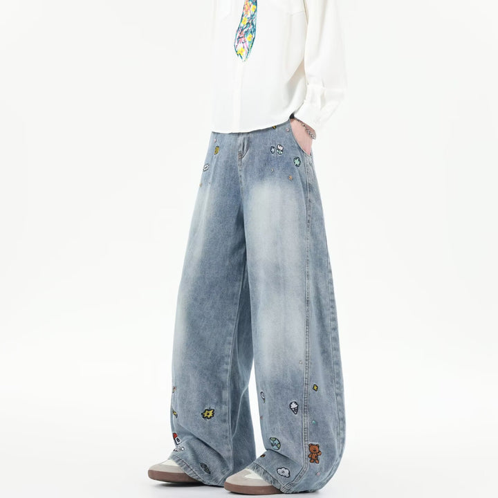 Herren Extraweite Baggy-Jeans mit verspielten Stickereien und weitem Bein Drune