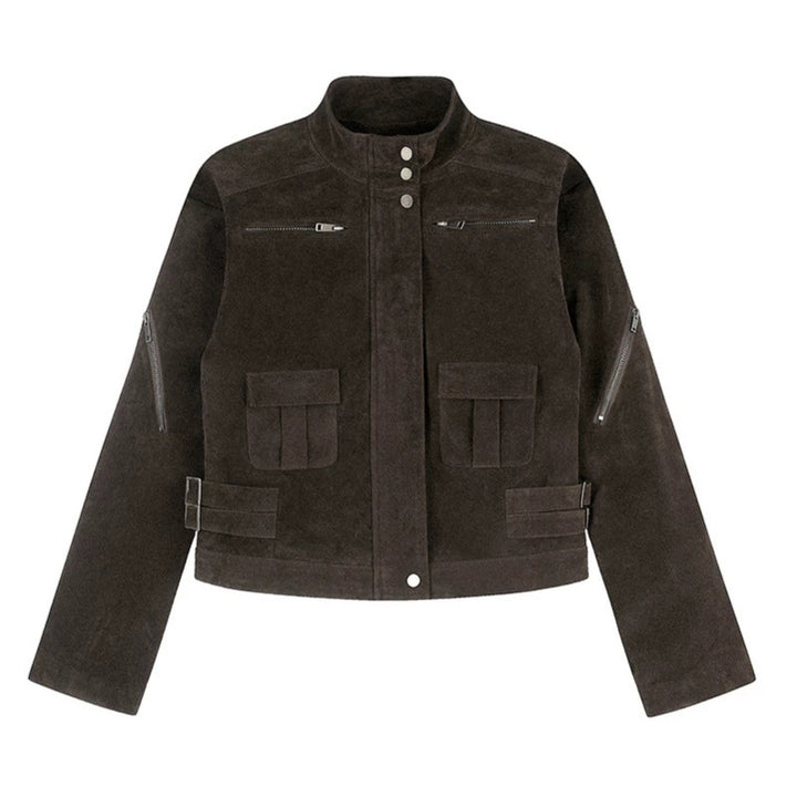 Damen Kurz geschnittene Wildlederjacke mit Stehkragen, Utility-Taschen und Seiten-Schnallen Drune