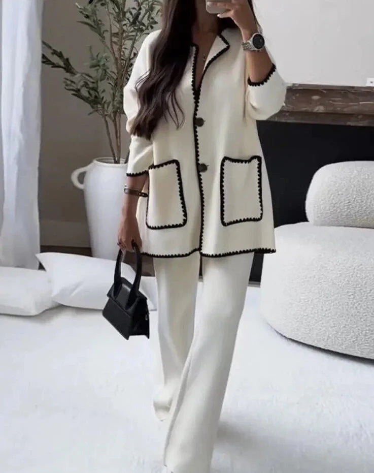 Damen Elegant geschnittene Blazerjacke mit kontrastierenden Details und weit geschnittenen Hosen Drune
