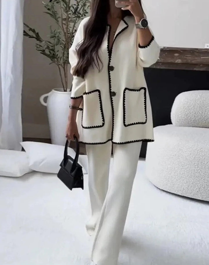 Damen Elegant geschnittene Blazerjacke mit kontrastierenden Details und weit geschnittenen Hosen Drune