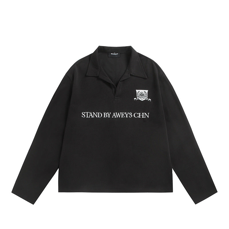 Unisex Langärmeliges Rugby-Polo mit offenem Kentkragen und Brustprint Drune