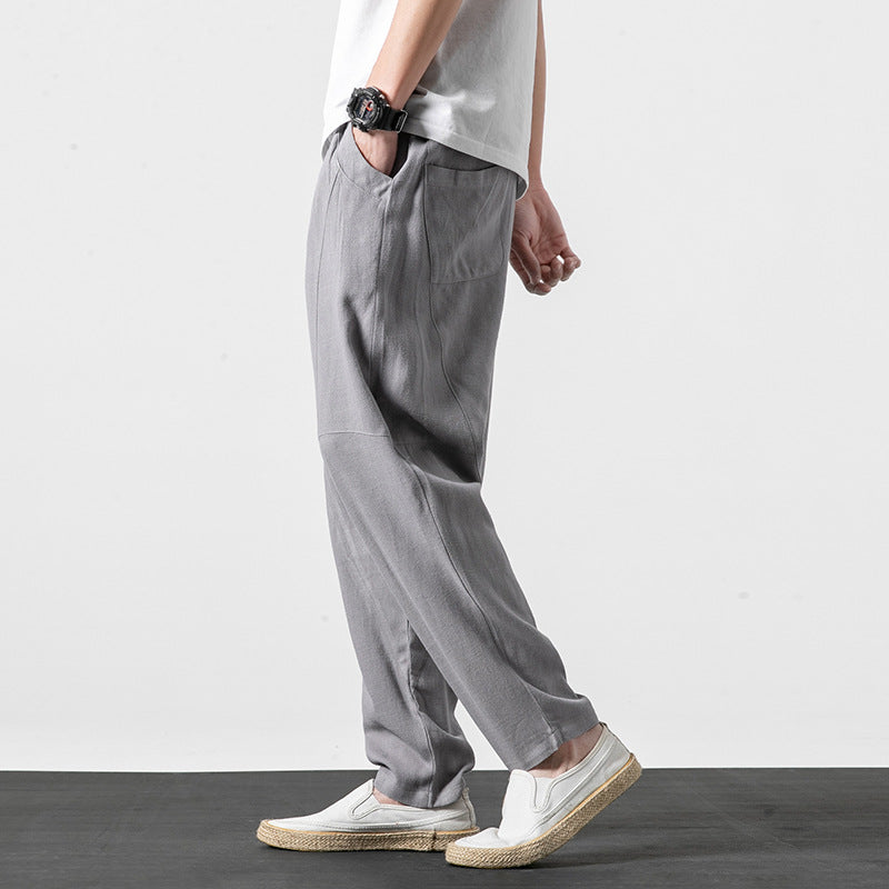 Herren Weiche Leinenmix-Loungehose mit tiefem Schritt, elastischem Bund und taillierter Beinverjüngung Drune