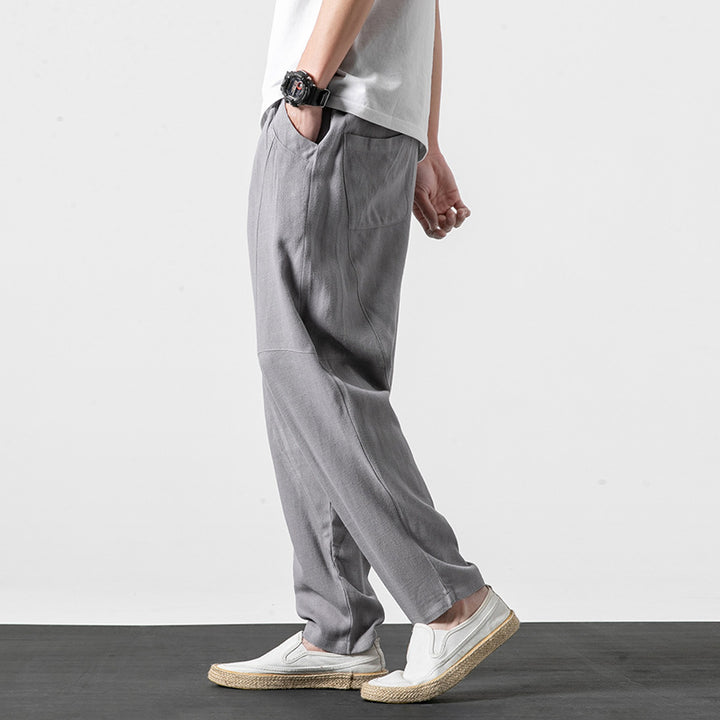 Herren Weiche Leinenmix-Loungehose mit tiefem Schritt, elastischem Bund und taillierter Beinverjüngung Drune