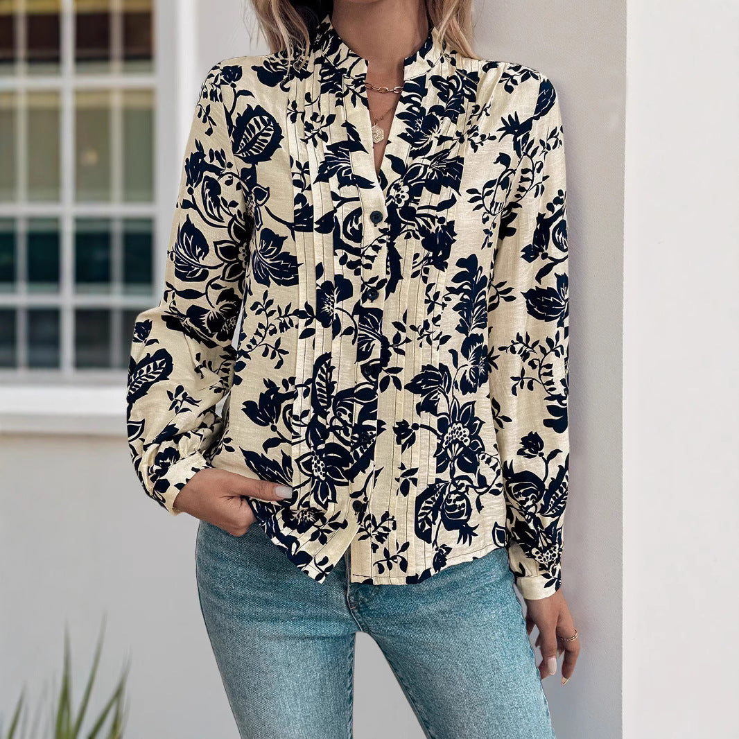 Damen Elegante Bluse mit floralem Mustermix und Stehkragen Drune