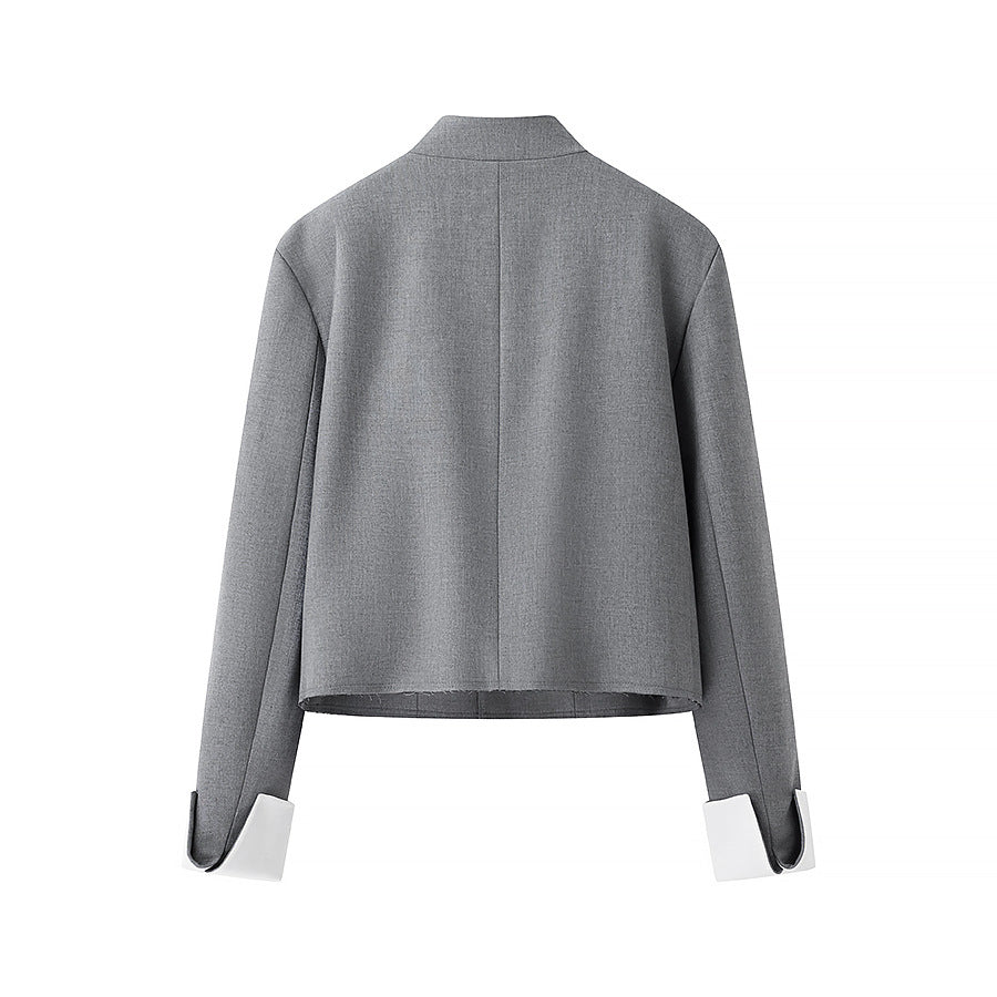 Damen nan kurzer Boxy-Blazer mit verdeckter Knopfleiste Stehkragen und kontrastumschlagärmeln Drune