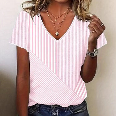 Damen nan gestreifte V-Ausschnitt-Bluse mit asymmetrischem Streifenmix und Kurzarm Drune