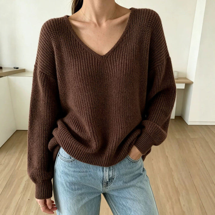 Damen Lässiger Boxy-Grobstrickpullover mit V-Ausschnitt und gerippten Bündchen Drune