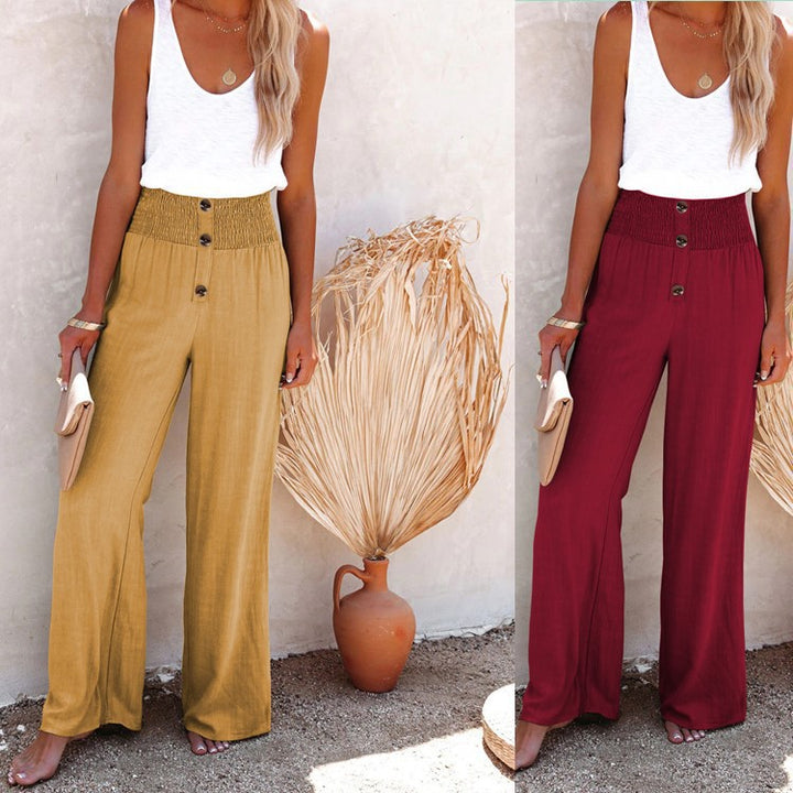 Damen weite Palazzo-Hose mit Knopfdetail und elastischem Bund Drune