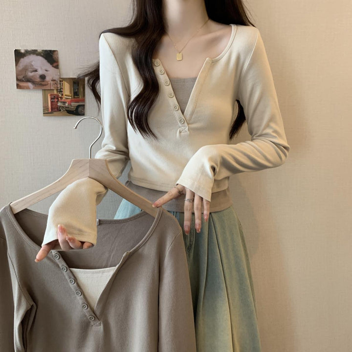 Damen Langarmshirt mit Knopfleiste und Rundhalsausschnitt Drune