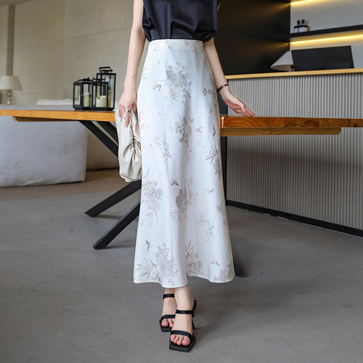 Damen nan floraler Bias-Cut Midirock mit seitlichem Schlitz und taillennahem Komfortbund Drune