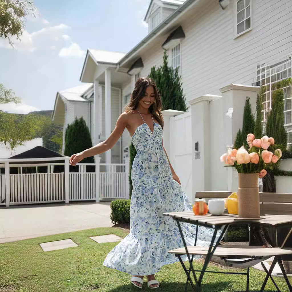 Damen Maxikleid mit zarten Blumendrucken und verstellbaren Spaghettiträgern Drune