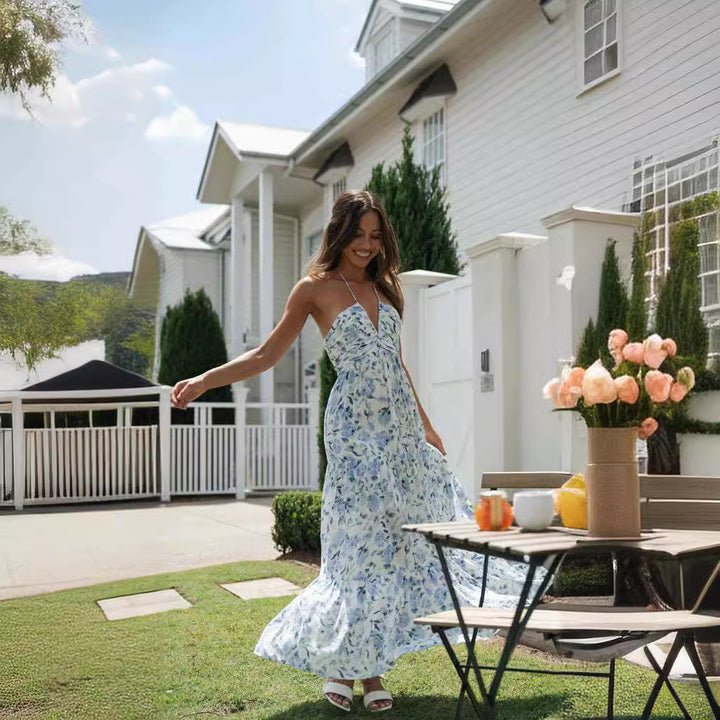 Damen Maxikleid mit zarten Blumendrucken und verstellbaren Spaghettiträgern Drune