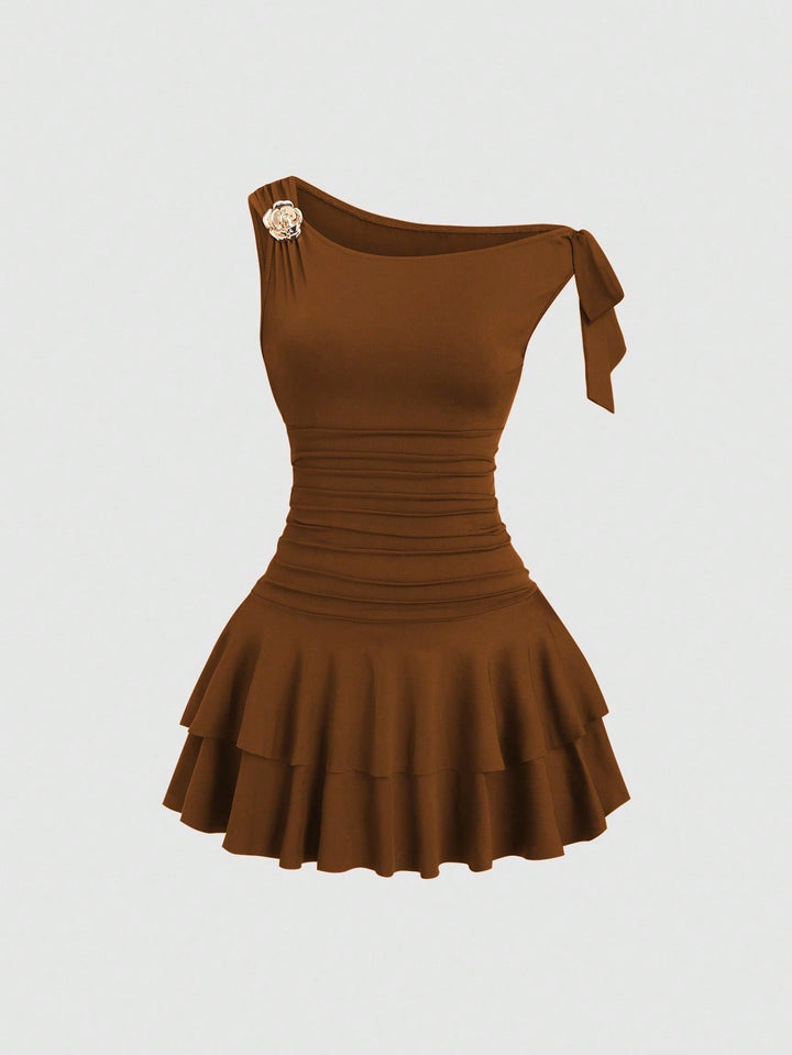 Damen elegantes Wickelkleid mit asymmetrischem Saum und raffiniertem Kordelzug Drune