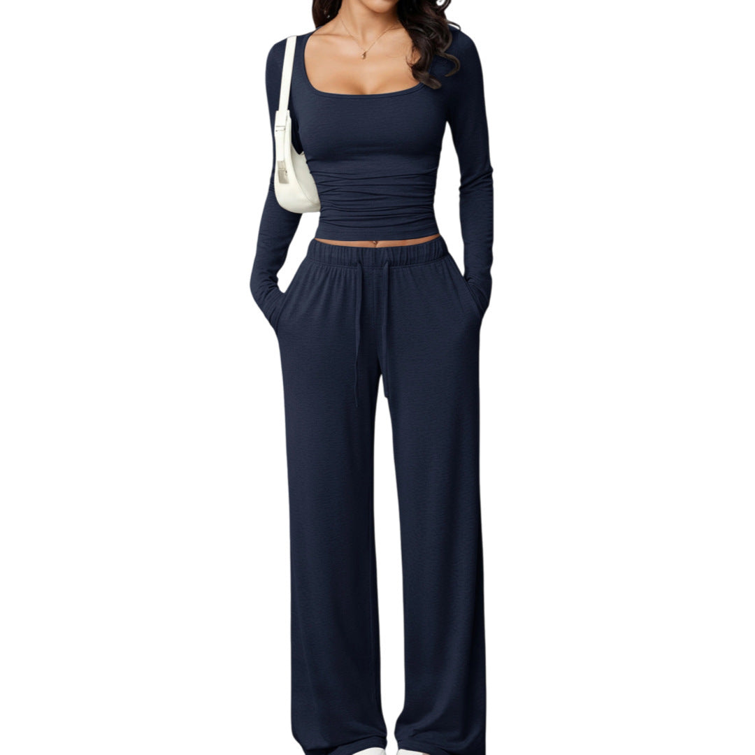Damen Zweiteiliges Relax-Set mit tailliertem Langarm-Croptop und weiter Jerseyhose Drune