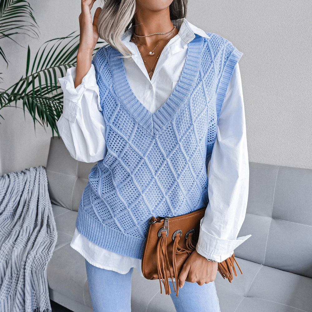 Damen Strickweste mit V-Ausschnitt und karoartigem Muster Drune