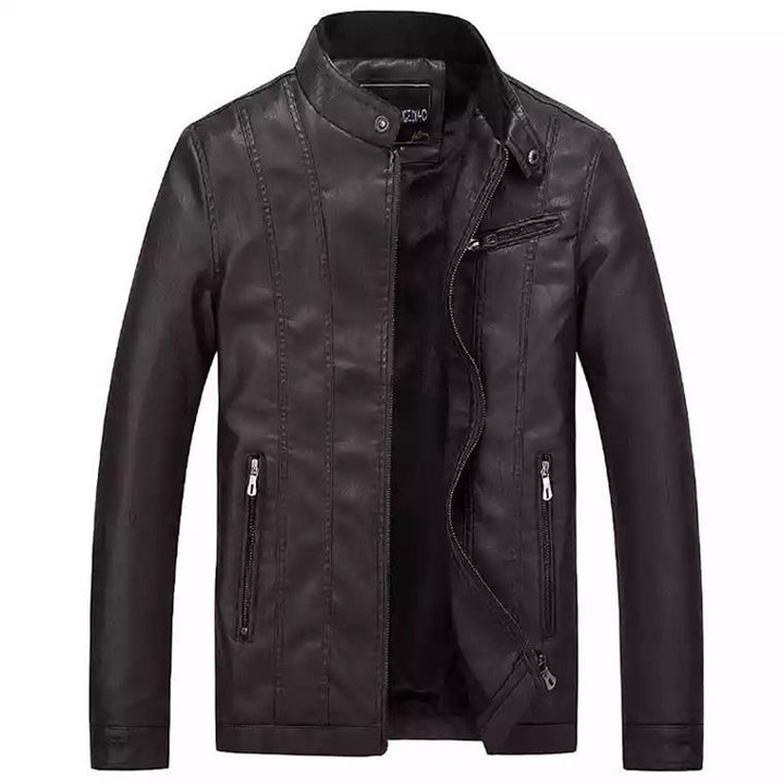 Herren Slim-Fit Kunstlederjacke im Bikerstil mit Stehkragen und vertikalen Ziernähten Drune