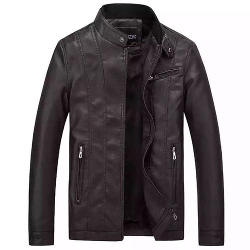 Herren Slim-Fit Kunstlederjacke im Bikerstil mit Stehkragen und vertikalen Ziernähten Drune